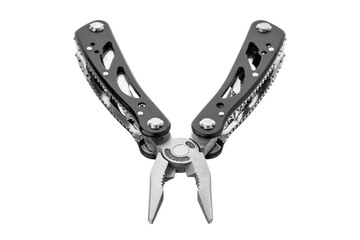 Steel multitool isolated on white background. Opened multitool with pliers, file, blade,...