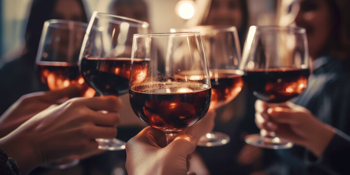 Close up of group of friends toasting with glasses of red wine at restaurant

