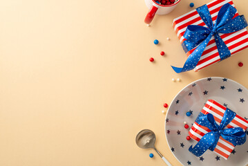 Flag Day gathering menu. Top view of table setting, plate, spoon, cup, round sprinkles, gift boxes, on beige background with empty space for text or advert