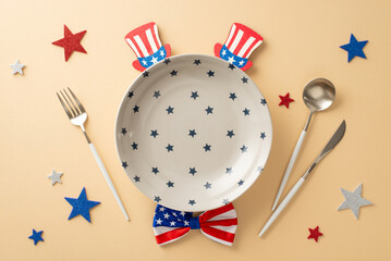 USA Independence Day party arrangement: top-down view of table adorned with plate, cutlery, glowing...