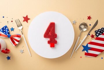 It's time to celebrate USA's Independence Day! Top-down view of a table setting with cutlery, mug,...