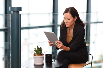 Fototapeta Portrait of confident young asian businesswoman researching and planning work with happy smiling face while sitting and using tablet at business meeting in modern office building and city background obraz