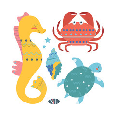 Set of sea elements fish, turtle, crab, shells, seahorse, stones in flat cartoon style.