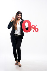 Indian businesswoman or employee showing zero percent board on white background.