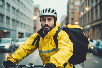 Fototapeta premium Delivery man riding a bicycle through the city with delivery backpack