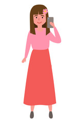 Cartoon of smiling girl make selfie vector icon for web design isolated on white. Cute little girl with a flower in her hair and in pink clothes makes selfie on smartphone, interacting character