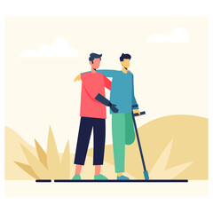 Disabled young male with prosthetic arm helping male with prosthetic leg to walk outside. People with special need support each other. Flat vector illustration in blue and red colors