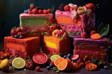 Fototapeta na wymiar Rainbow cake on dark background ai generated