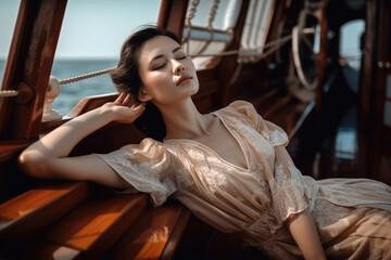Fototapeta na wymiar portrait a beautiful hot skinny asian 30s woman lying on the ship and sunbathing wide chest dress background ocean, ai generated