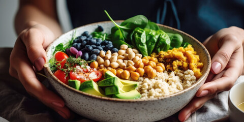 Woman hands holding vegan superbowl. Buddha bowl with hummus, vegetable, salad, beans, couscous and avocado. - obrazy, fototapety, plakaty