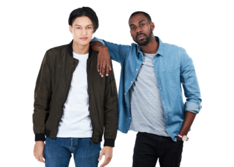 Fashion, men and portrait of serious friends isolated on transparent png background with casual, stylish or cool outfits. Diversity, young male models and people standing together with trendy clothes