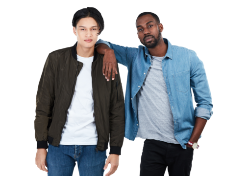 Fashion, men and portrait of serious friends isolated on transparent png background with casual, stylish or cool outfits. Diversity, young male models and people standing together with trendy clothes - Powered by Adobe