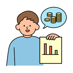 Man Displaying Reduced Electricity Bill. Environment, Power and Saving Energy Concept. Cartoon Flat Vector illustration.