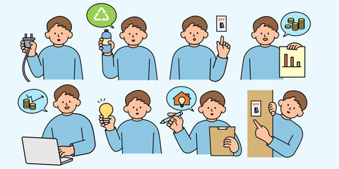 A Set of an Energy-Saving Man, Turning Off Lights, and Reducing Electricity Usage. Environment, Power and Saving Energy Concept. Cartoon Flat Vector illustration.