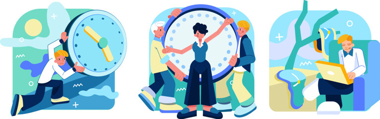 Set of people doing job, managing time. Female coach helping employees planning work time. Male sitting on coach and working on laptop. Man pushing big clock. Flat vector illustration