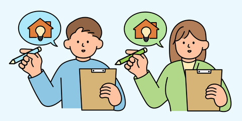 Man and Woman Checking Home Energy Saving Checklist. Environment, Power and Saving Energy Concept. Cartoon Flat Vector illustration.