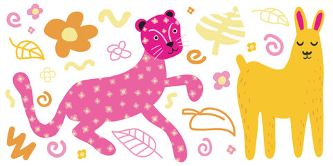 Pink leopard yellow lama cartoon vector style kit, Flat set Isolated on white, Summer childish kids party design elements