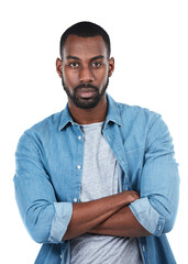 Black man, portrait and serious face with arms crossed in confidence isolated on a transparent png...