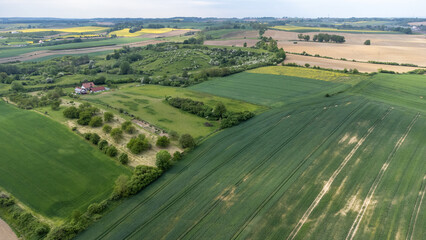 Aerial view, general landscape with green fields of grains and trees.