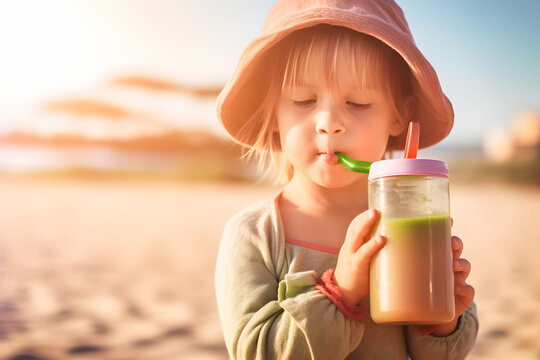 Girl toddler drinking smoothie on beach summer childhood breakfast healthy eating lifestyle conception ai generated art Generative AI