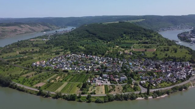 Aerial View, The great Rhine Loop of Boppard, Germany.
Bopparder Hamm Rheinschleife in upper middle rhine valley.