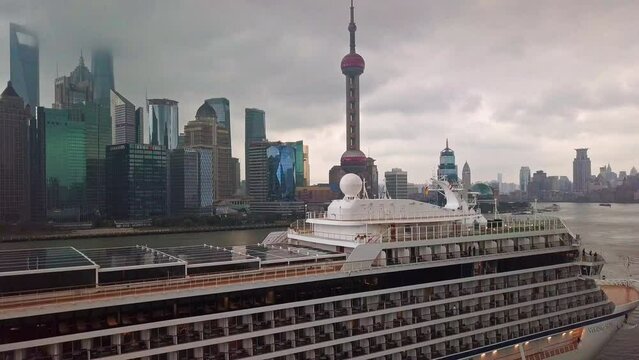 Viking Sun Cruise Ship at Port in Shanghai, China. Aerial Shot