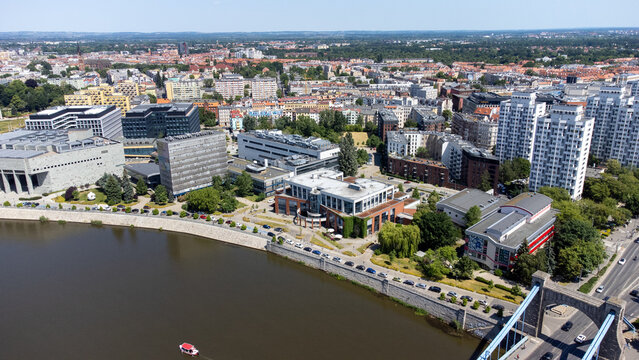 Aerial view, general cityscape of Wroclaw city, Poland.