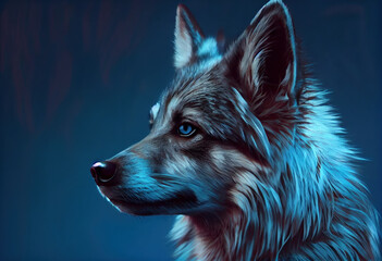 Portrait of a Wolf on a blue background. Generative AI.