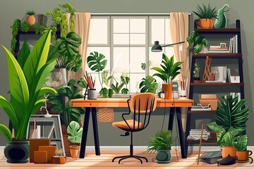 Interior design for a home office that features a plant, desk space, and office supplies. Workspace for the arts. Template. Generative AI