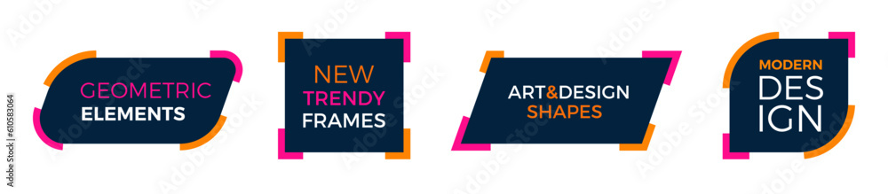 Aufkleber Set of modern text frame shapes. Fluid vector trendy elements. Template graphics with geometric speech bubbles and banners with frames to put your own text with orange and pink redish magenta colors