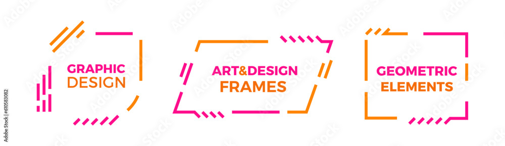 Aufkleber Set of modern text frame shapes. Geometric vector trendy elements. Template graphics with geometric speech bubbles and banners with frames to put your own text with orange and pink redish magenta colo