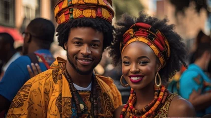  Beautiful african american woman in traditional dress and handsome black man smiling and looking at camera.AI Generative © Mix and Match Studio
