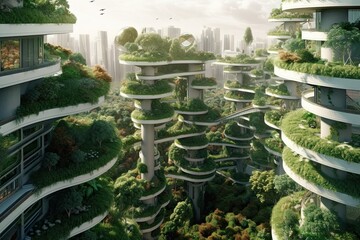 concept ecology buildings with balconies full of greenery generative ai
