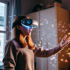 a woman wearing vision pro or vr, side view, at home doing activities in daily life, generative AI