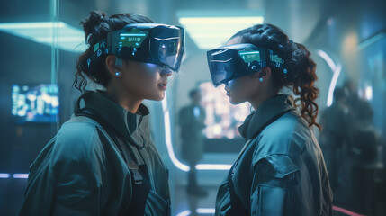 2 person wearing vision pro or vr in futuristic laboratory or gaming, generative AI