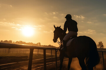 man on horse at sunset. 