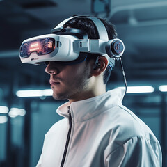a man wearing vision pro or vr working in work station , generative AI