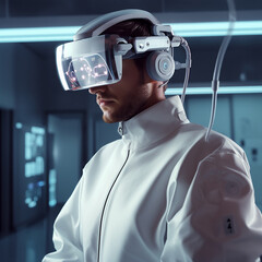 a man wearing vision pro or vr working in work station ,generative AI