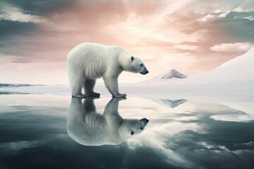 Naklejka na ściany i meble Polar bear standing on an ice floe with soft colors and cool tones. Generative AI