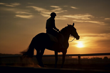 Fototapeta na wymiar silhouette of a horse and rider at sunset. back view.