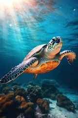 Sea turtle swims under water on the background of coral reefs. Generative AI