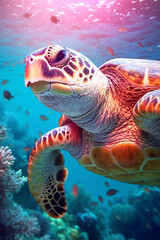 Fototapeta premium Sea turtle swims under water on the background of coral reefs. Generative AI
