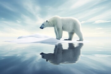 Fototapeta premium Polar bear standing on an ice floe with soft colors and cool tones. Generative AI