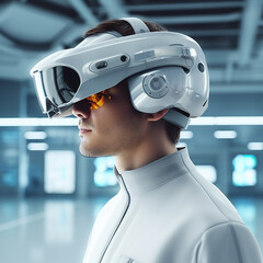 close up of a man wearing vision pro or vr working in work station ,generative AI