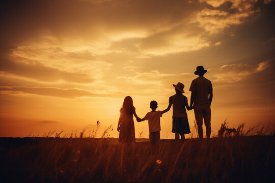 Silhouettes of a happy family holding hands on a field during sunset. 