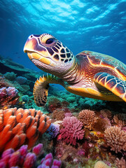 Fototapeta na wymiar Sea turtle swims under water on the background of coral reefs. Generative AI