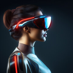 close up of a woman wearing vision pro or vr glasses on black background,side view, generative AI