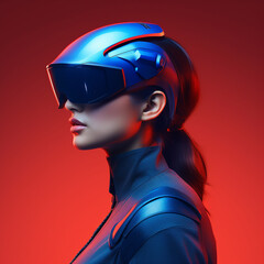 a woman wearing vision pro or vr, side view, on red background, generative AI