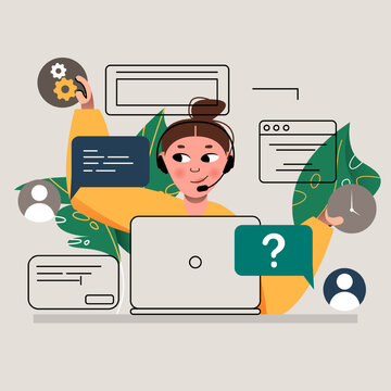 Woman in headphones working on laptop, chatting with clients, giving technical support in call center. Online help for costumers concept. Flat vector illustration in green and yellow colors