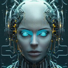 close up of an artificial intelligence face, like a human, generative AI